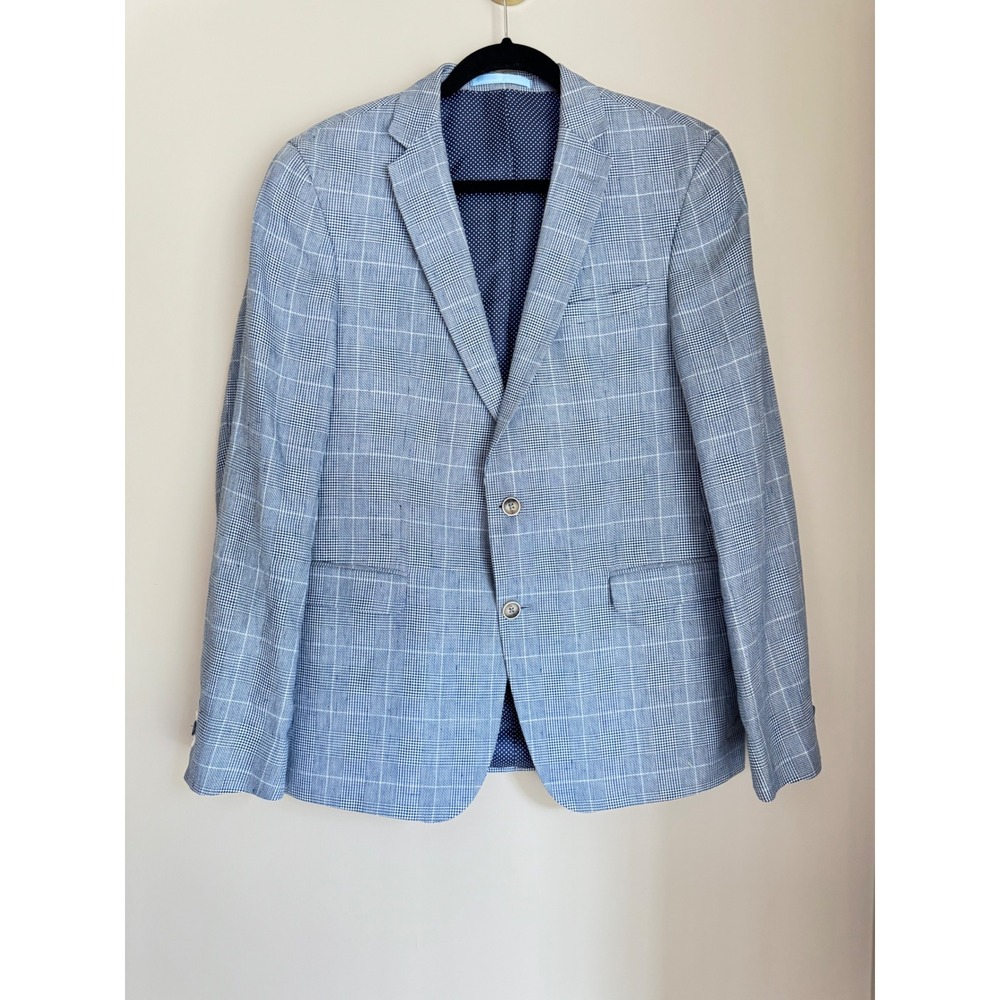 Sand Copenhagen Blue Glen Plaid Sport Coat Linen Silk Blend 38 Summer Wedding